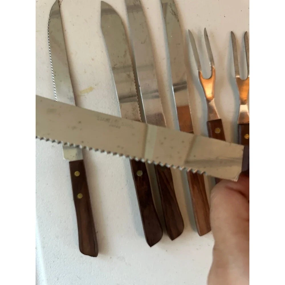 Vintage Mid Century 15 Serrated Stainless Steel Wooden Handles Japan Knives Set